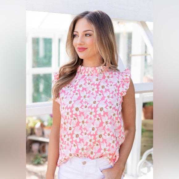 Tops - #23 Sweet Floral Print Ruffle Trim Blouse